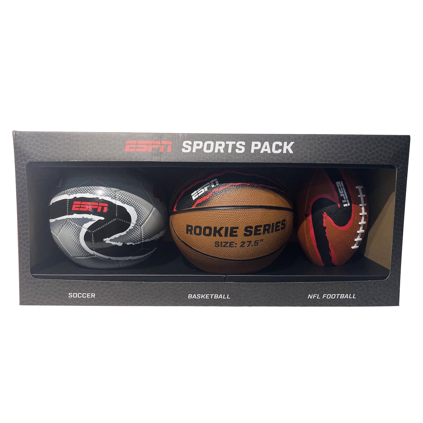 ESPN 3pk Ball Set, Includes a basketball, football, soccer ball